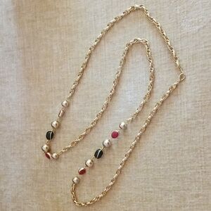 Gold Tone Vintage Black Red Bead Chain Necklace